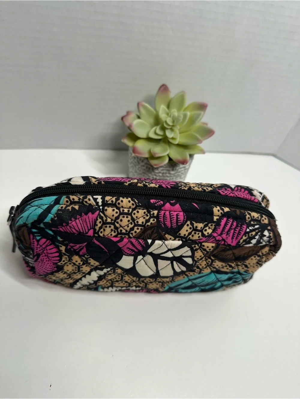 Vera Bradley Quilted Cosmetic Case in Pink Teal Cream Leaf Print